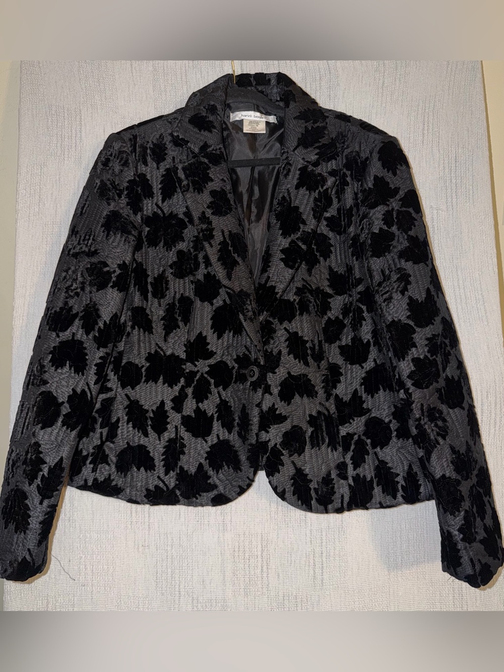 Harvé Benard Black Velvet Burnout Leaf Blazer Jacket Size 16 Fall Academia Chic - Picture 2 of 12